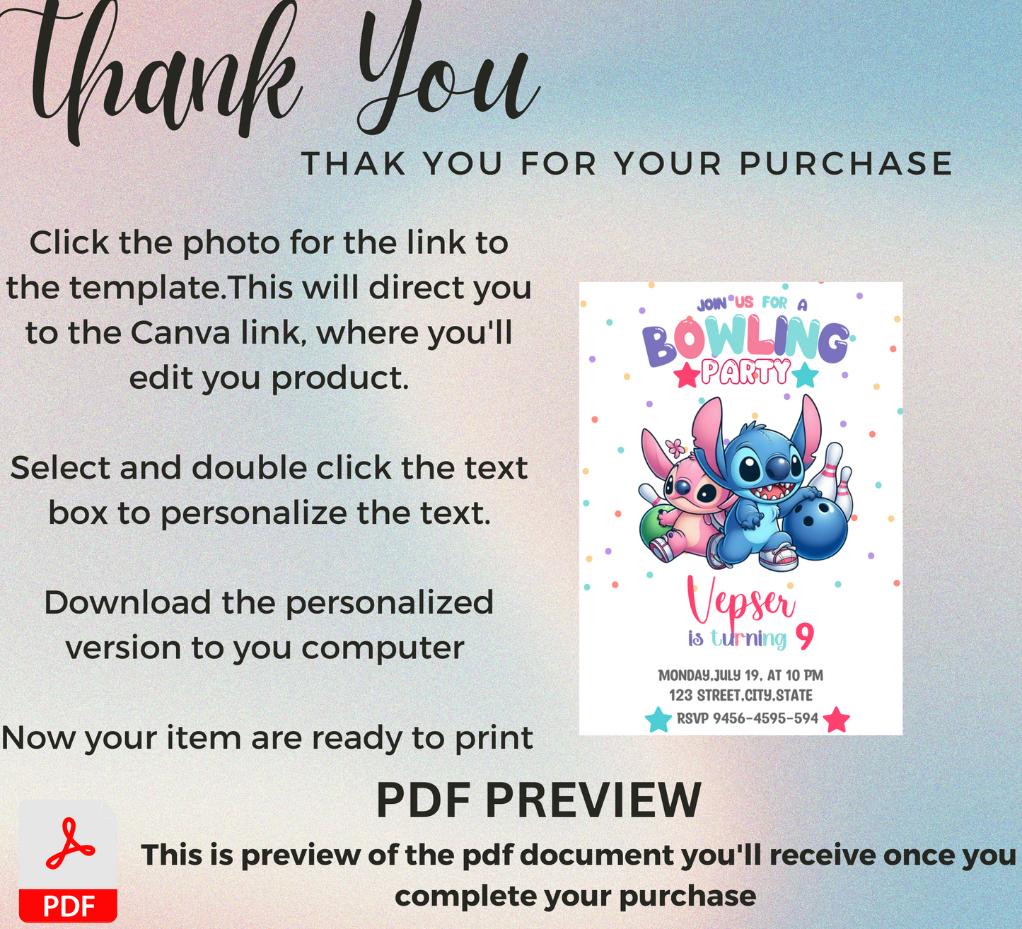 Stitch & Angel Bowling Birthday Invitation | Cute Glow Bowling Party Invite | Editable Canva Template | Kawaii Stitch Birthday Invitation
