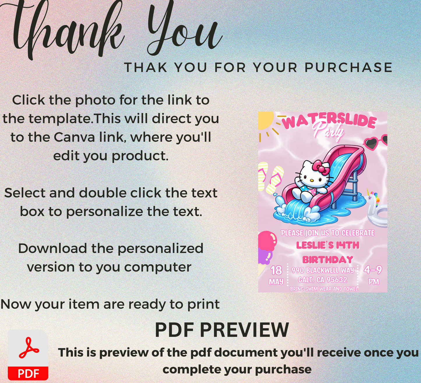Hello Kitty Waterslide Pink Birthday Invitation 🎀💦 | Kawaii Pool Party | Editable Canva Template
