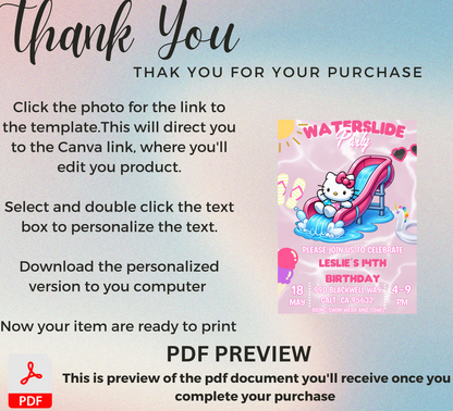 Hello Kitty Waterslide Pink Birthday Invitation 🎀💦 | Kawaii Pool Party | Editable Canva Template