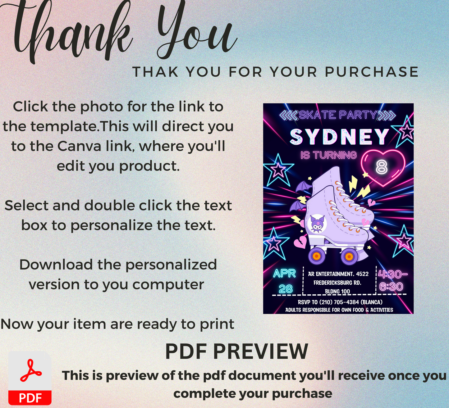 Kawaii Kuromi Neon Roller Skating Birthday Invitation | Glow Party Skate Invite | Editable Canva Template | Cute Sanrio Roller Rink Invitation