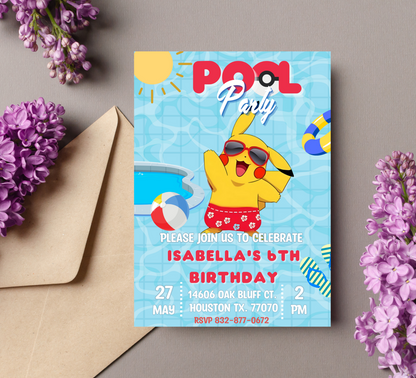 Pikachu Pokémon Red Pool Birthday Invitation | Summer Swim Party Invite | Editable Canva Template | Pokémon Kids Birthday Printable