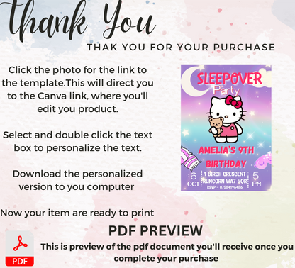 Hello Kitty Purple Slumber Party Invitation | Editable Girls Sleepover Invite | Kawaii Nighttime Sleepover Birthday Invitation | Printable Template