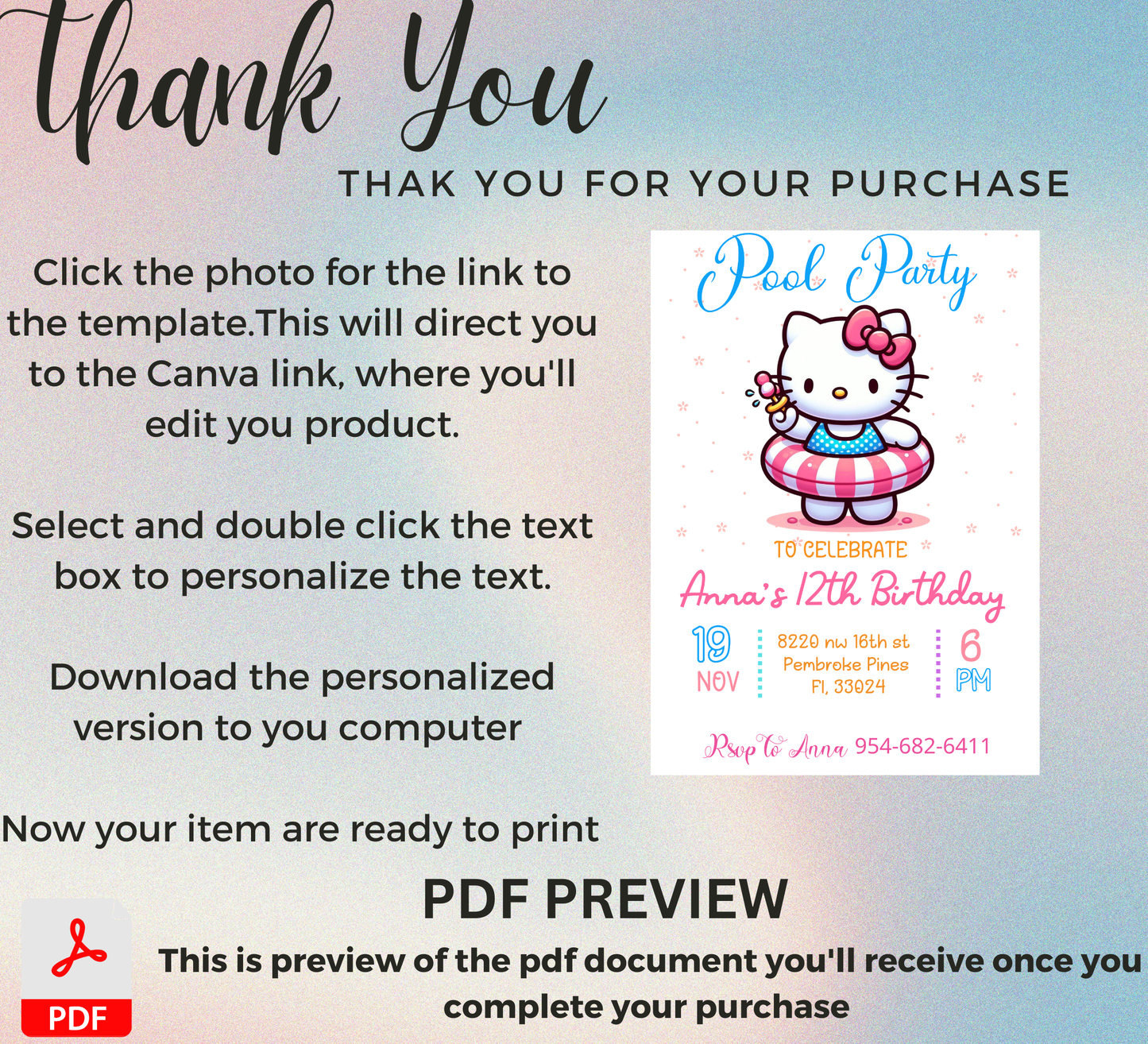 Hello Kitty Flower Pool Birthday Invitation 🌸🎀💦 | Floral Summer Swim Party | Editable Canva Template