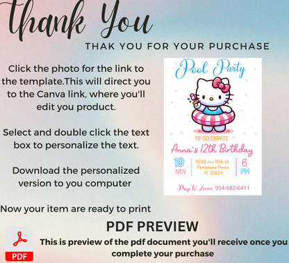 Hello Kitty Flower Pool Birthday Invitation 🌸🎀💦 | Floral Summer Swim Party | Editable Canva Template