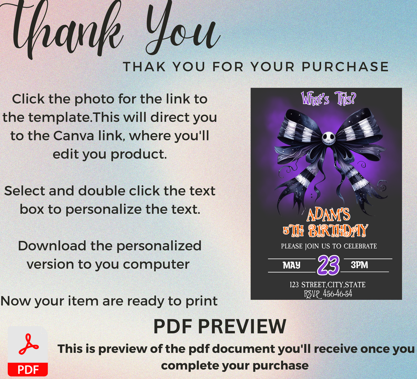 Nightmare Before Christmas Bow Birthday Invitation | Jack & Sally Party Invite | Editable Canva Template | Spooky Cute Printable Birthday Invitation