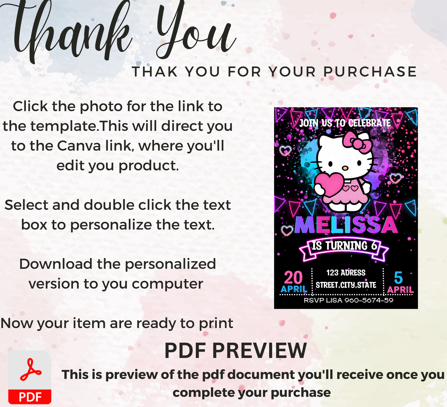 Hello Kitty Neon Birthday Invitation | Kawaii Glow Party Invite | Editable Canva Template | Cute Bright Printable Girls Birthday Invitation