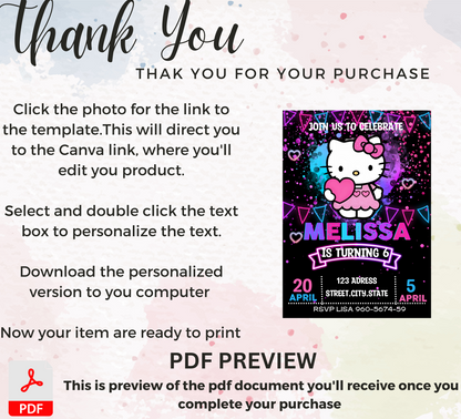 Hello Kitty Neon Birthday Invitation | Kawaii Glow Party Invite | Editable Canva Template | Cute Bright Printable Girls Birthday Invitation