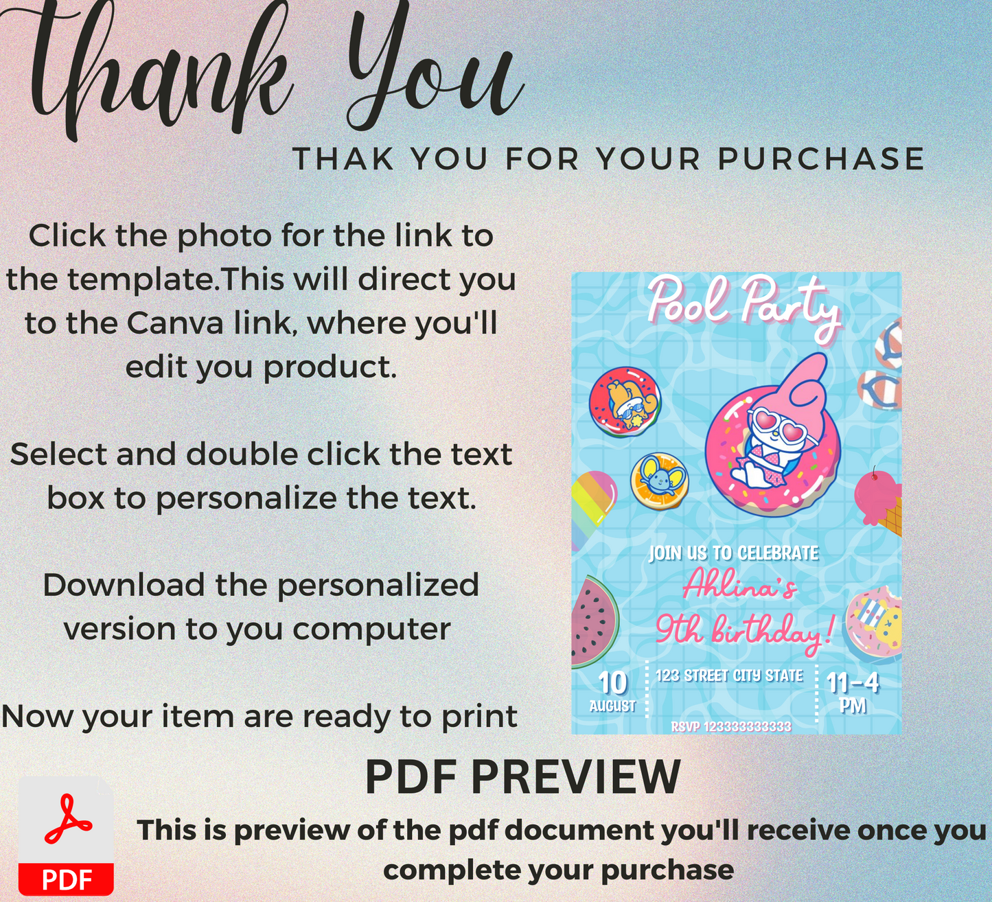 My Melody Pink Pool Birthday Invitation | Kawaii Summer Party Invite | Editable Template | Cute Sanrio Pool Party Birthday