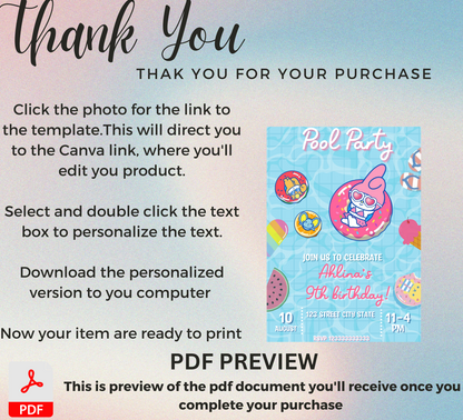 My Melody Pink Pool Birthday Invitation | Kawaii Summer Party Invite | Editable Template | Cute Sanrio Pool Party Birthday