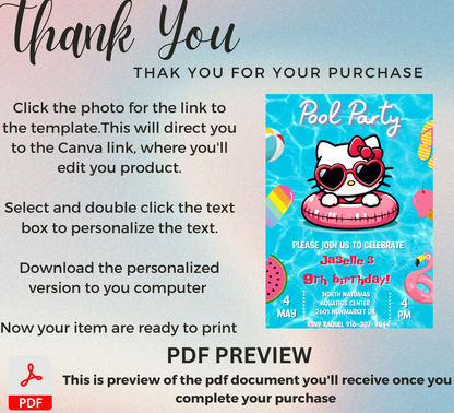 Hello Kitty Blue Pool Party Birthday Invitation | Kawaii Summer Swim Invite | Editable Canva Template | Cute Printable Birthday Invitation