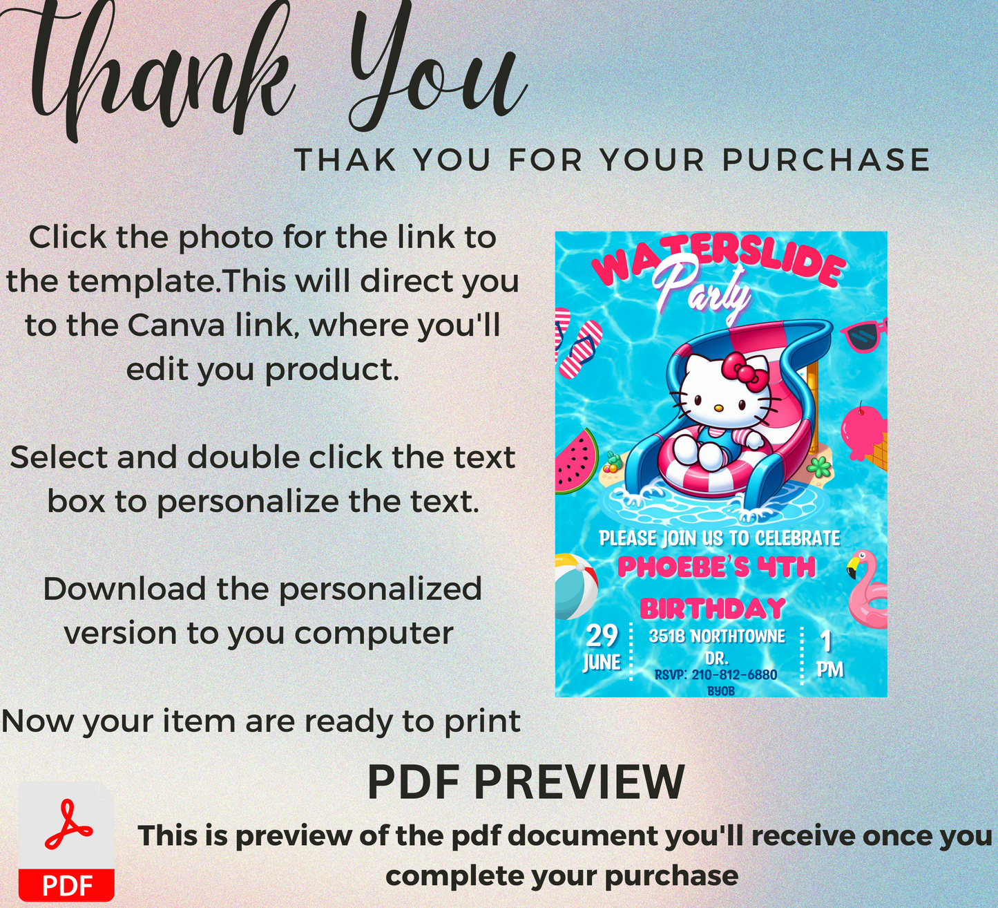 Hello Kitty Waterslide Birthday Invitation | Kawaii Pool Party Invite | Editable Canva Template | Summer Swim Birthday Printable