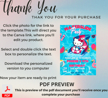 Hello Kitty Waterslide Birthday Invitation | Kawaii Pool Party Invite | Editable Canva Template | Summer Swim Birthday Printable