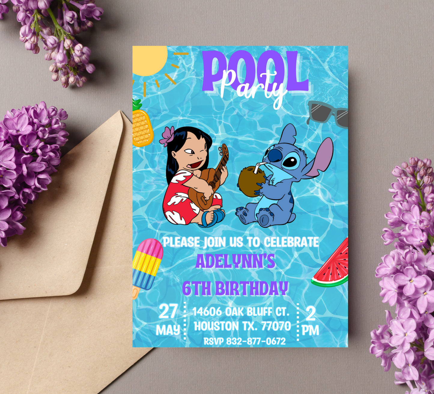 Stitch & Lilo Pool Birthday Invitation | Tropical Summer Party | Editable Digital Template