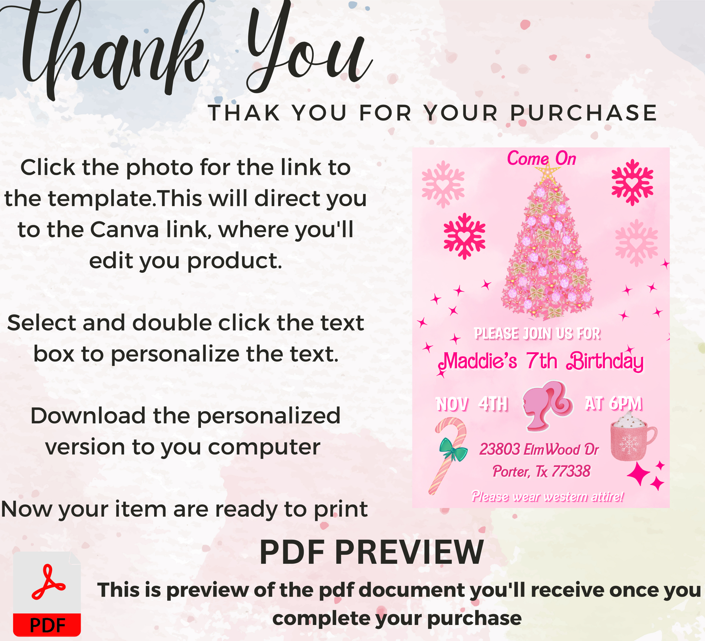 Barbie Pink Christmas Winter Birthday Invitation | Holiday Party | Editable Template
