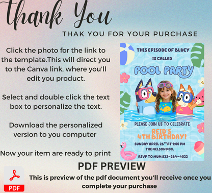 Bluey Personal Photo Pool Birthday Invitation – Editable Canva Template – Add Your Child’s Photo! – Custom Bluey & Bingo Swim Party Invite – Kids Summer Splash Birthday Printable