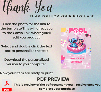 Stitch Pink Pool Birthday Invitation | Tropical Girl's Swim Party Editable Canva Template (Copy)