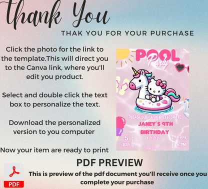 Hello Kitty Unicorn Pool Birthday Invitation | Editable Canva Template | Kawaii Summer Swim Party Invite | Printable Girls Birthday Invitation