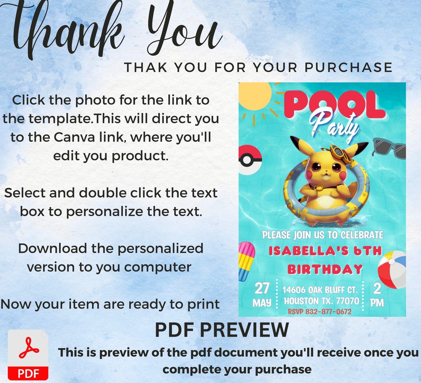 Pikachu Pokémon Pool Birthday Invitation | Summer Pool Party | Editable Digital Invite