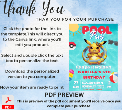 Pikachu Pokémon Pool Birthday Invitation | Summer Pool Party | Editable Digital Invite