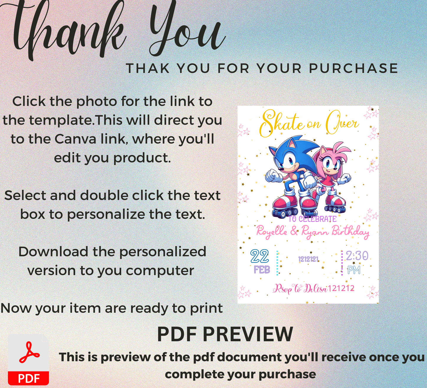 Sonic & Amy Rose Roller Skating Birthday Invitation 🛼💨 | Editable Canva Template | Sonic the Hedgehog Skating Party | Pink & Blue Speed Invite | Printable Kids Skating Rink Birthday