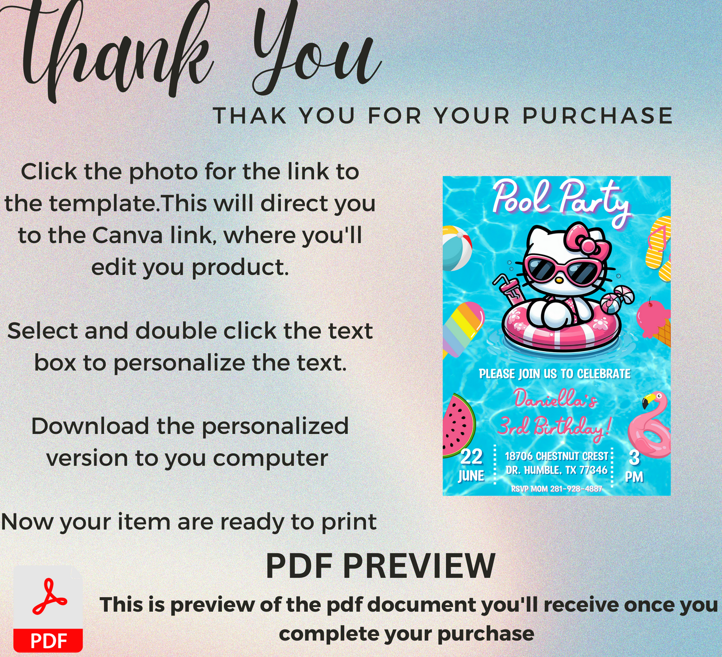 Hello Kitty Pool Blue Birthday Invitation | Editable Canva Template | Kawaii Summer Swim Party Invite | Printable Girls Birthday Invitation
