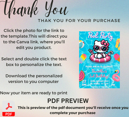 Hello Kitty Pool Blue Birthday Invitation | Editable Canva Template | Kawaii Summer Swim Party Invite | Printable Girls Birthday Invitation