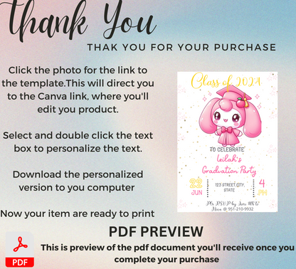 My Melody Pink Graduation Invitation | Kawaii Kindergarten & School Graduation Invite | Editable Canva Template | Cute Sanrio Graduation Printable