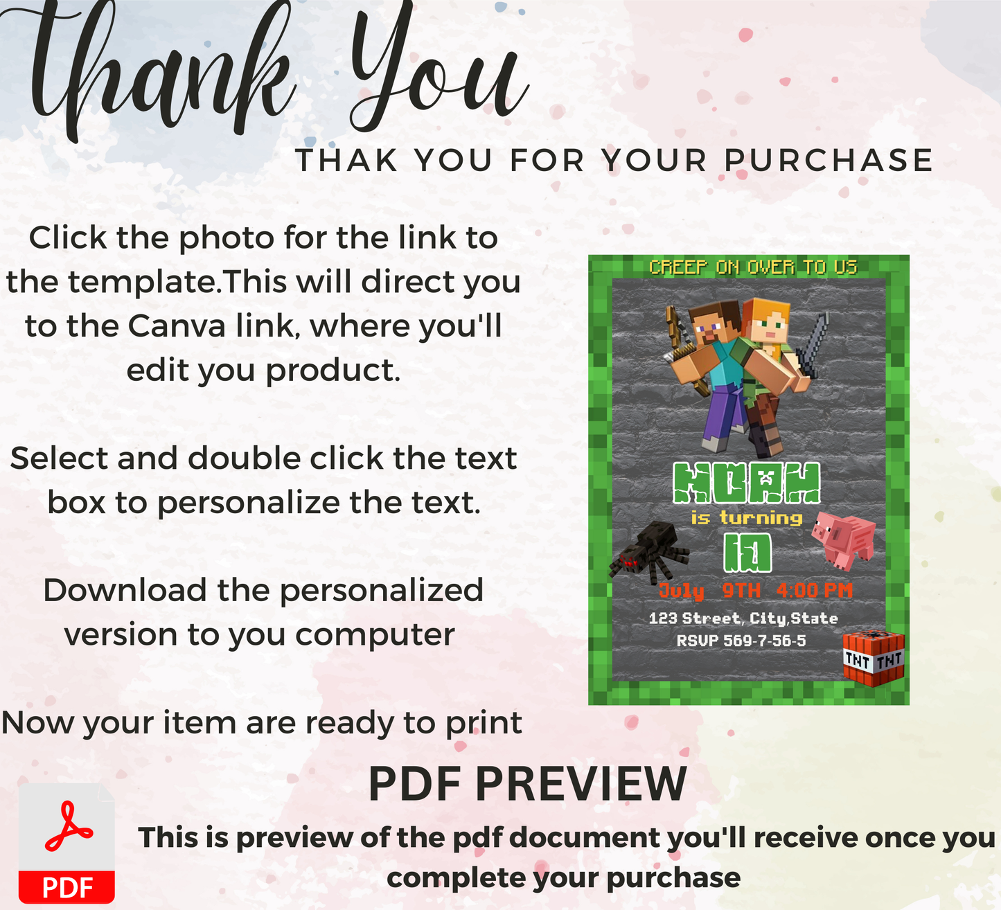 Minecraft Kids Birthday Invitation | Pixel Game Party Invite | Editable Digital Template