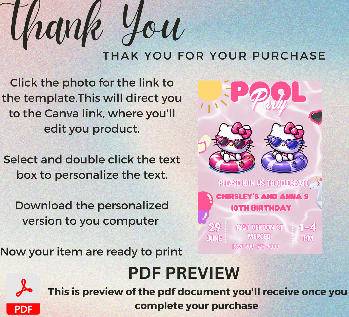 Hello Kitty Pool Birthday Invitation for Two Kids | Editable Canva Template | Kawaii Swim Party Invite | Printable Double Birthday Invitation