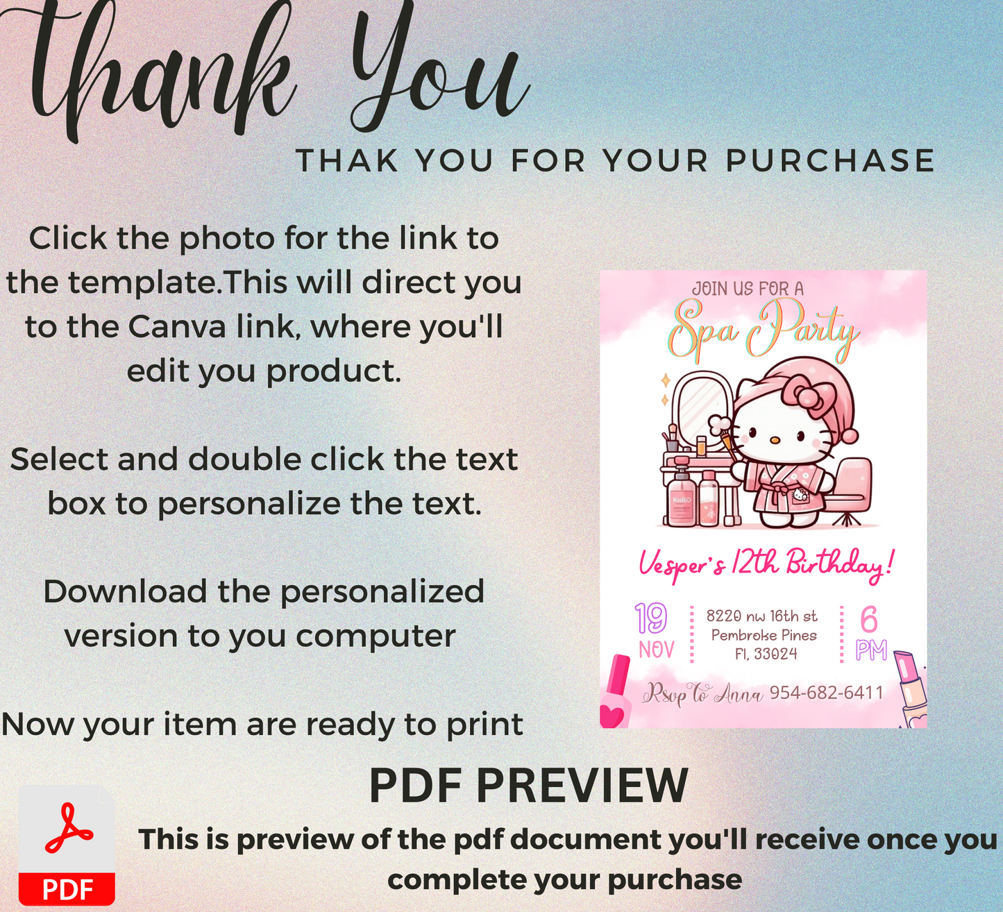 Hello Kitty Spa Sleepover Birthday Invitation | Editable Canva Template | Kawaii Slumber & Spa Party Invite | Printable Kids Birthday