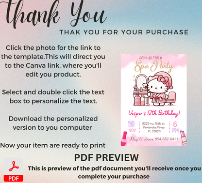 Hello Kitty Spa Sleepover Birthday Invitation | Editable Canva Template | Kawaii Slumber & Spa Party Invite | Printable Kids Birthday