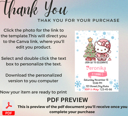 Hello Kitty Pink Winter Christmas Birthday Invitation | Cute Holiday Birthday Invite | Editable Canva Template | Printable Girl’s Winter Wonderland Party