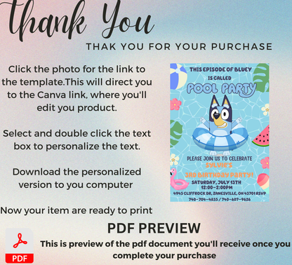 Bluey Pool Birthday Invitation 💦🐶 | Summer Swim Party | Editable Canva Template