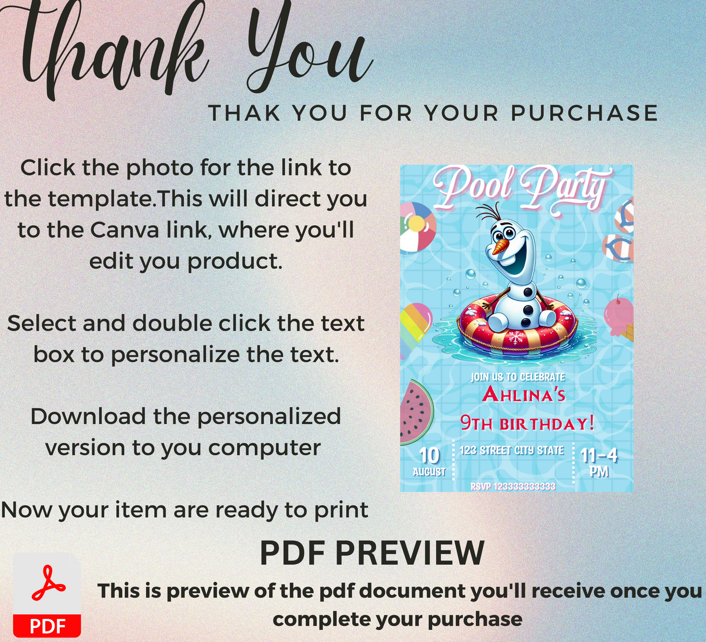 Olaf Frozen Pool Birthday Invitation | Editable Canva Template | Summer Swim Party Invite | Printable Kids Birthday Invitation