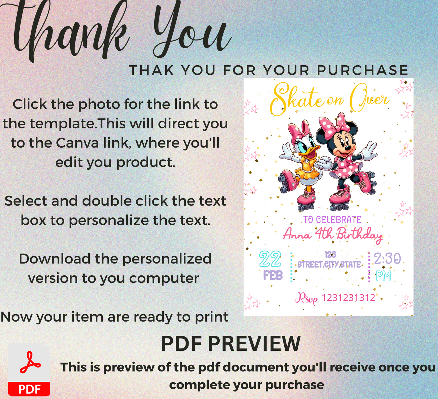 Minnie Mouse & Daisy Duck Roller Skating Birthday Invitation | Cute Skating Rink Party Invite | Editable Canva Template | Pink Disney Birthday Invitation