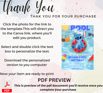 Stitch Blue Pool Birthday Invitation | Tropical Summer Party | Editable Digital Invite