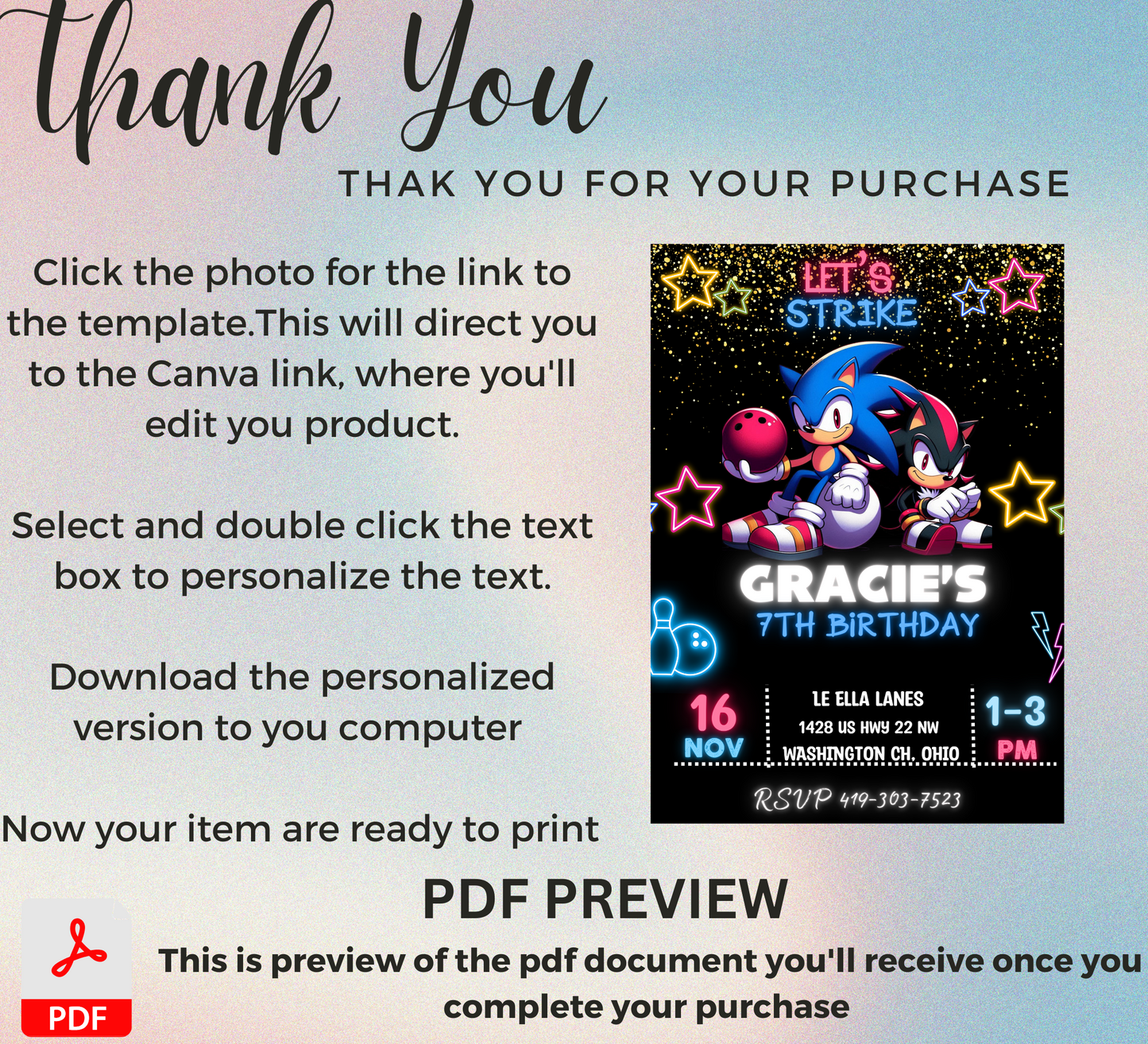 Sonic & Shadow Neon Bowling Birthday Invitation | Glow Bowling Party Invite | Editable Canva Template | Sonic Neon Birthday Invitation