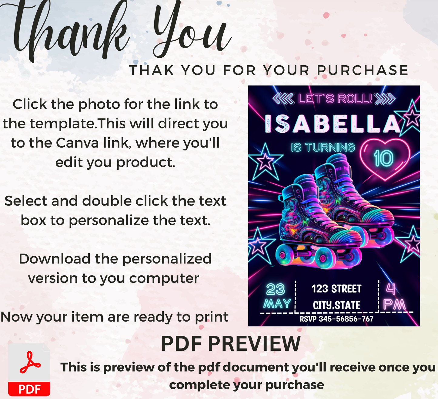 Neon Roller Skating Birthday Invitation 🛼✨ | Glow Skate Party Invite | Editable Canva Template