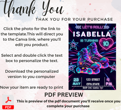 Neon Roller Skating Birthday Invitation 🛼✨ | Glow Skate Party Invite | Editable Canva Template