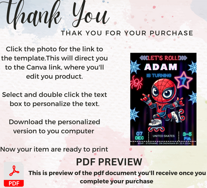 Spider-Man Roller Skating Neon Birthday Invitation | Editable Canva Template | Glow Party Kids Birthday Invite | Printable Superhero Party Invitation
