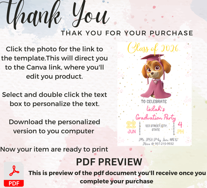 Skye Paw Patrol Graduation Invitation | Kindergarten & Preschool Invite | Pink Skye Graduation Party | Editable Canva Template