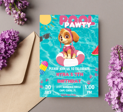 PAW Patrol Skye Pool Birthday Invitation | Pink Summer Splash Party | Editable Digital Template