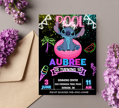 Stitch Pool Neon Birthday Invitation | Glow Party Pool Invite | Editable Digital Template