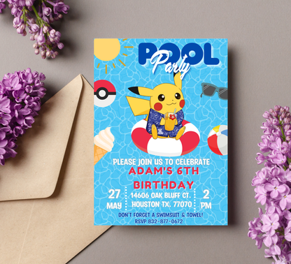 Pikachu Pool Pokémon Birthday Invitation | Summer Splash Party | Editable Digital Invite