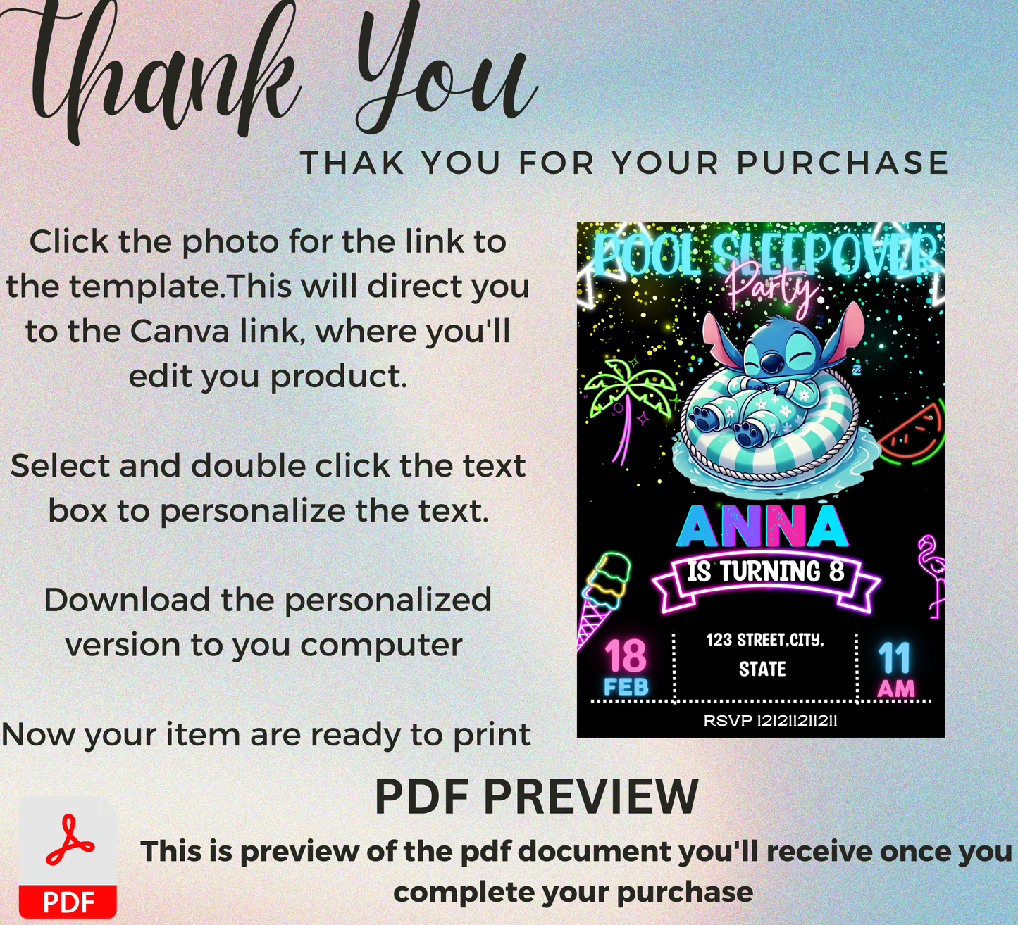Neon Stitch Pool Party & Sleepover Invitation | Glow in the Dark Birthday | Editable Canva Template | Tropical Night Swim Invite