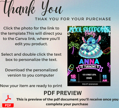 Neon Stitch Pool Party & Sleepover Invitation | Glow in the Dark Birthday | Editable Canva Template | Tropical Night Swim Invite