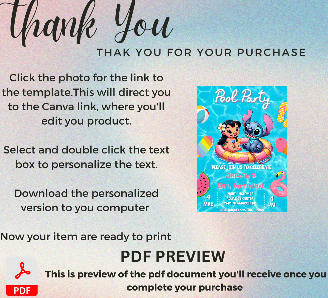Stitch & Lilo Pool Birthday Invitation | Tropical Hawaiian Pool Party Invite | Editable Canva Template | Cute Summer Birthday Printable