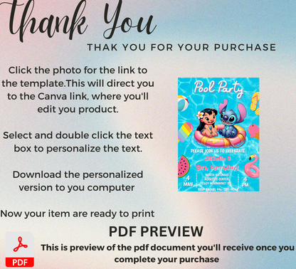 Stitch & Lilo Pool Birthday Invitation | Tropical Hawaiian Pool Party Invite | Editable Canva Template | Cute Summer Birthday Printable