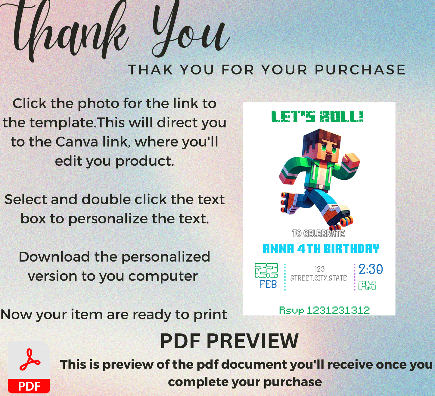 Minecraft Roller Skating Birthday Invitation | Kids Glow Skate Invite | Editable Canva Template