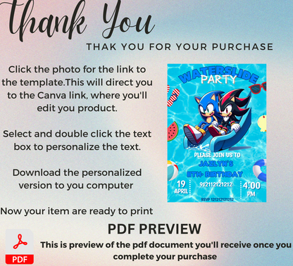 Sonic the Hedgehog & Shadow Waterslide Pool Birthday Invitation | Editable Canva Template | Kids Summer Party Invite | Printable Birthday Invitation